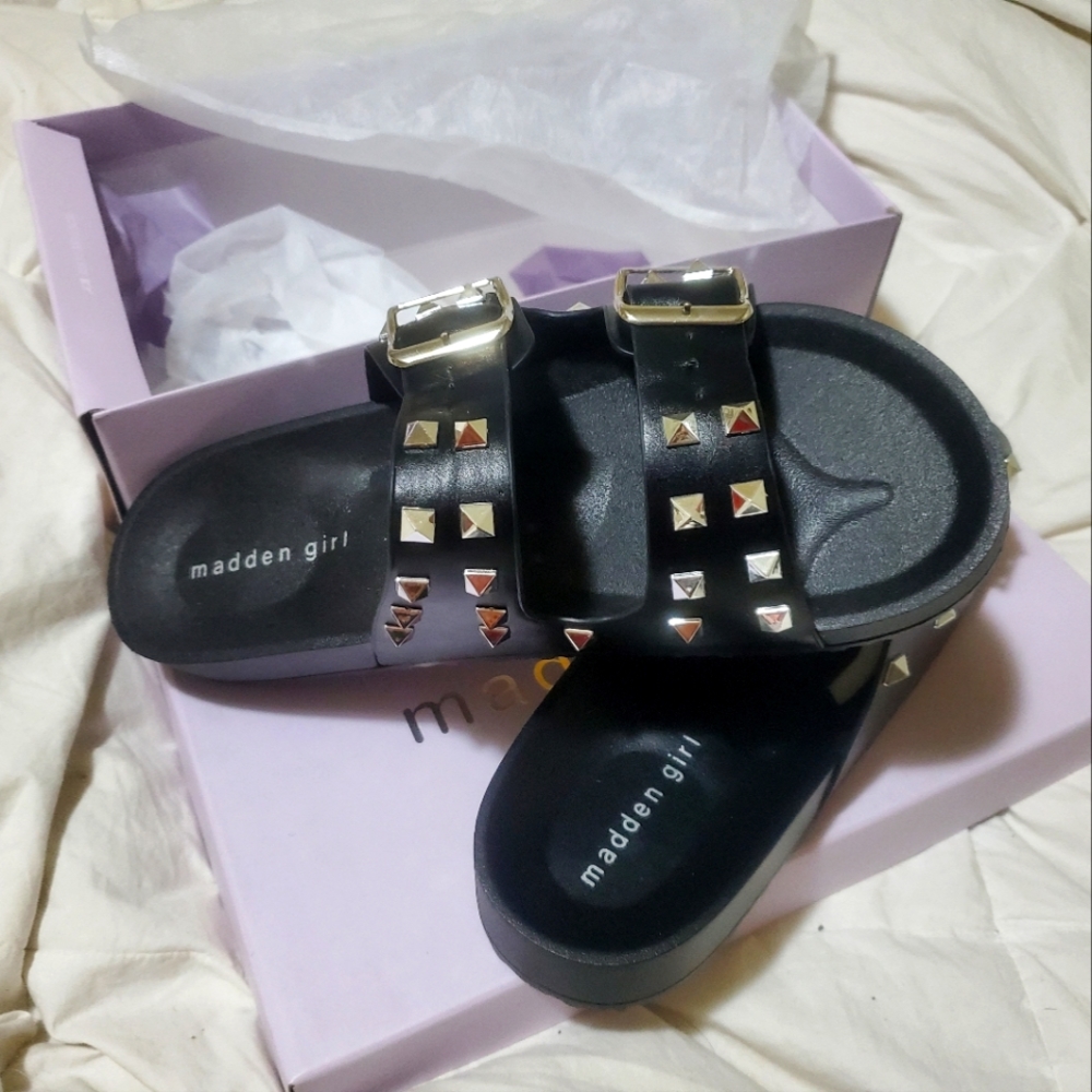 NIB Madden Girl Black Slides with Studs Women's size 10